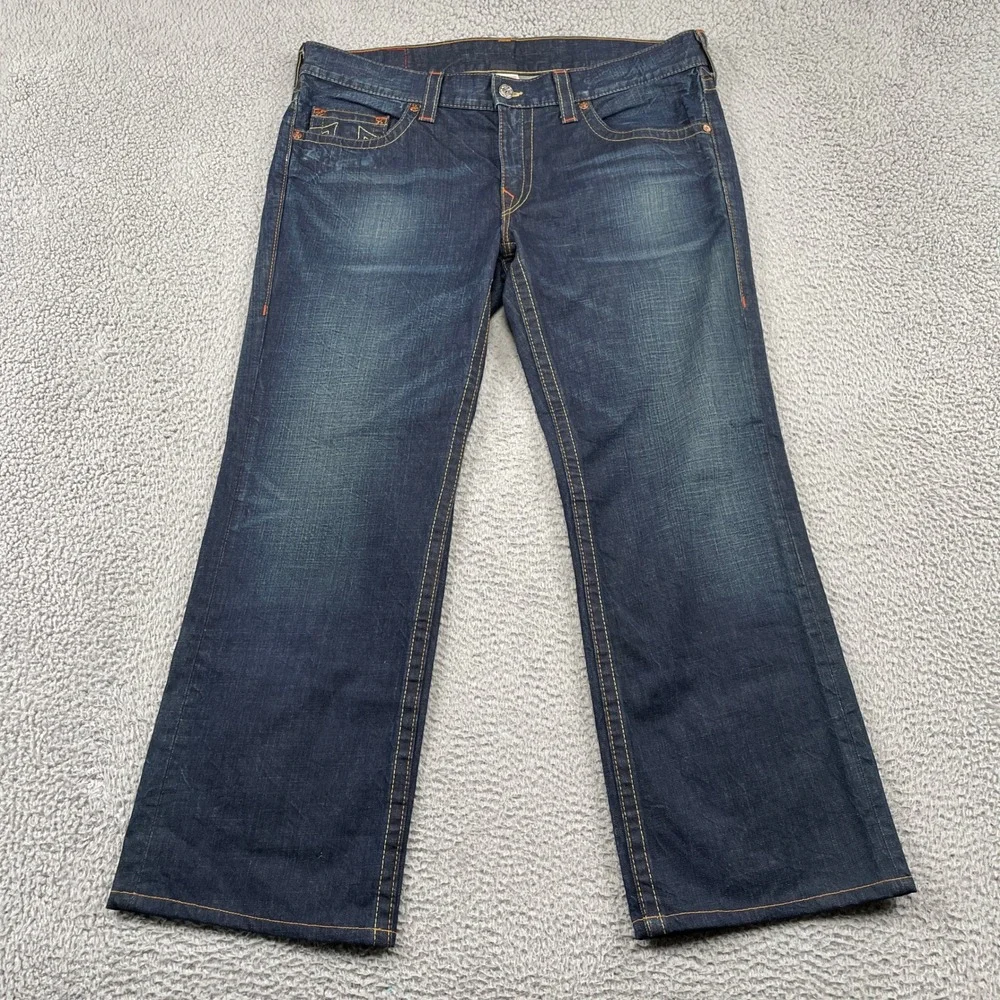 True Religion Jeans Mens 38 Blue Bobby Straight Dark Wash Horseshoe Stitching